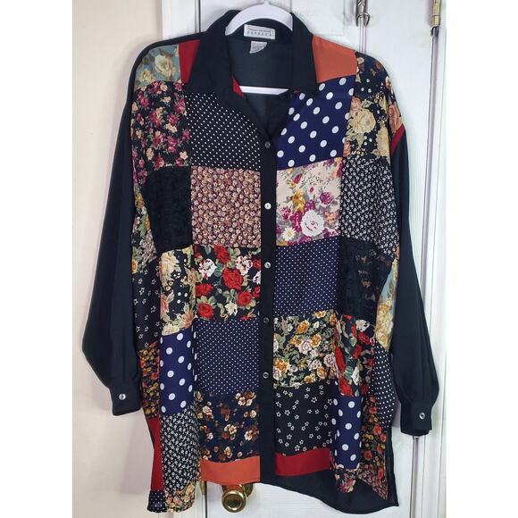 Express Compagnie Internationale Sheer Patchwork Oversized Button Blouse Medium - Picture 1 of 8
